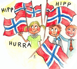 17mai. Mia og Marius og mange norske flagg.
